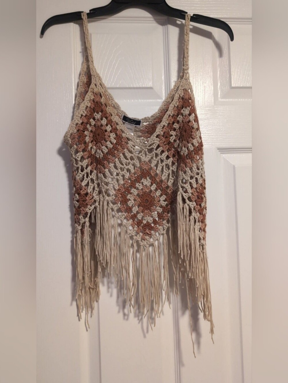 Vivid Crochet Granny Square Boho Fringe Camisole Halter Tank Top